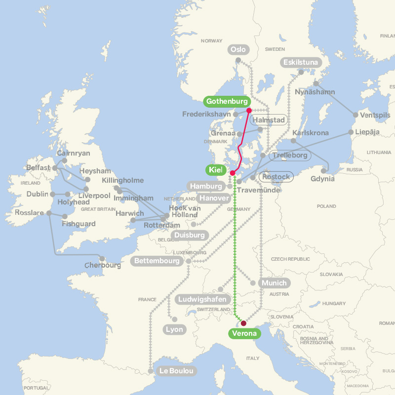 European map marking Gothenburg, Kiel and Verona through a line
